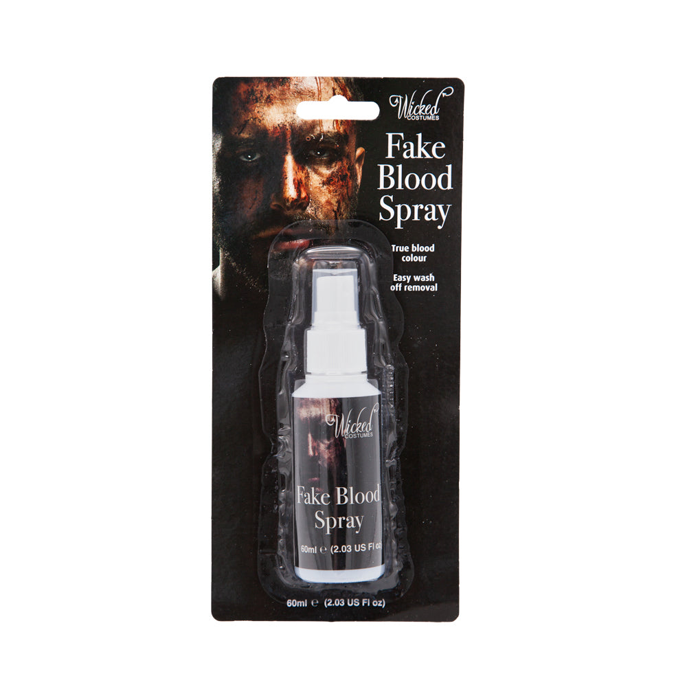 Fake blood spray packaging with a dark background and visible brand name.