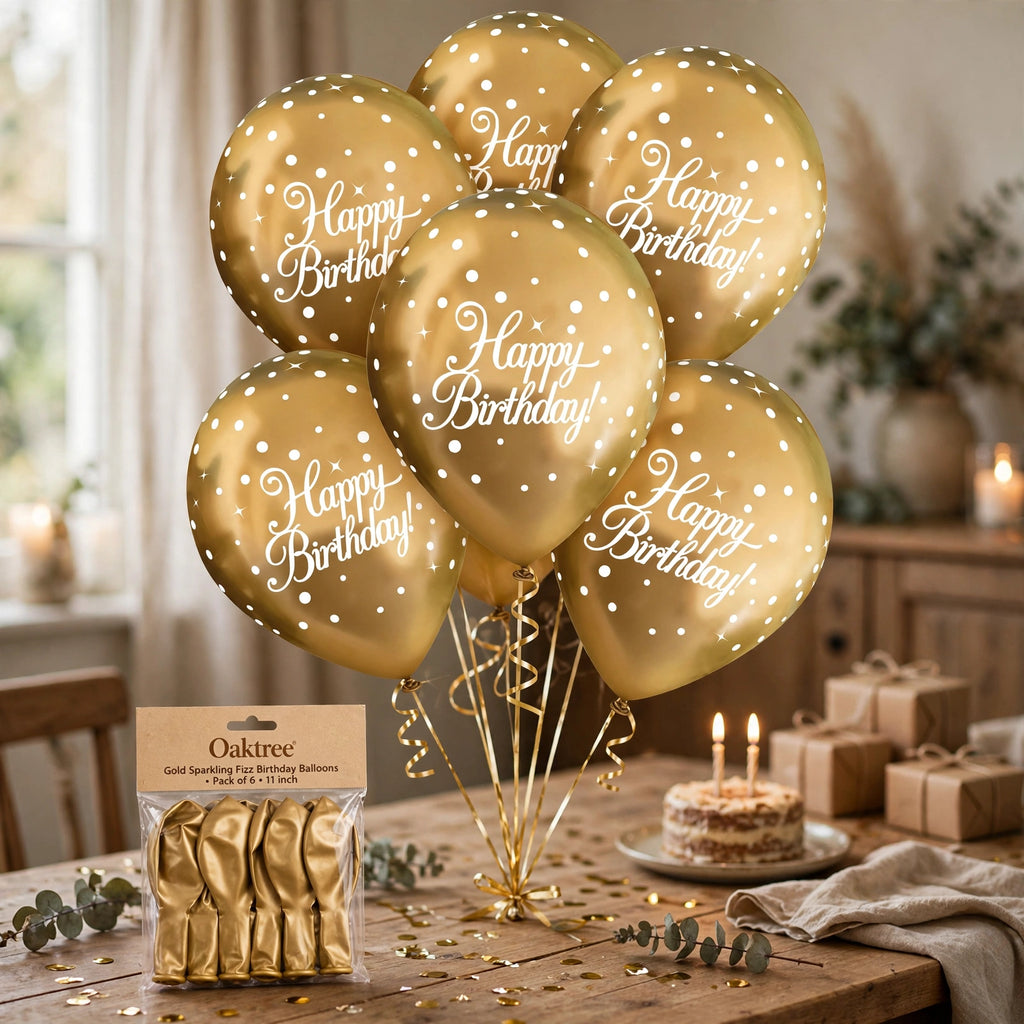 Oaktree gold sparkling fizz birthday balloons decorated at a birthday party