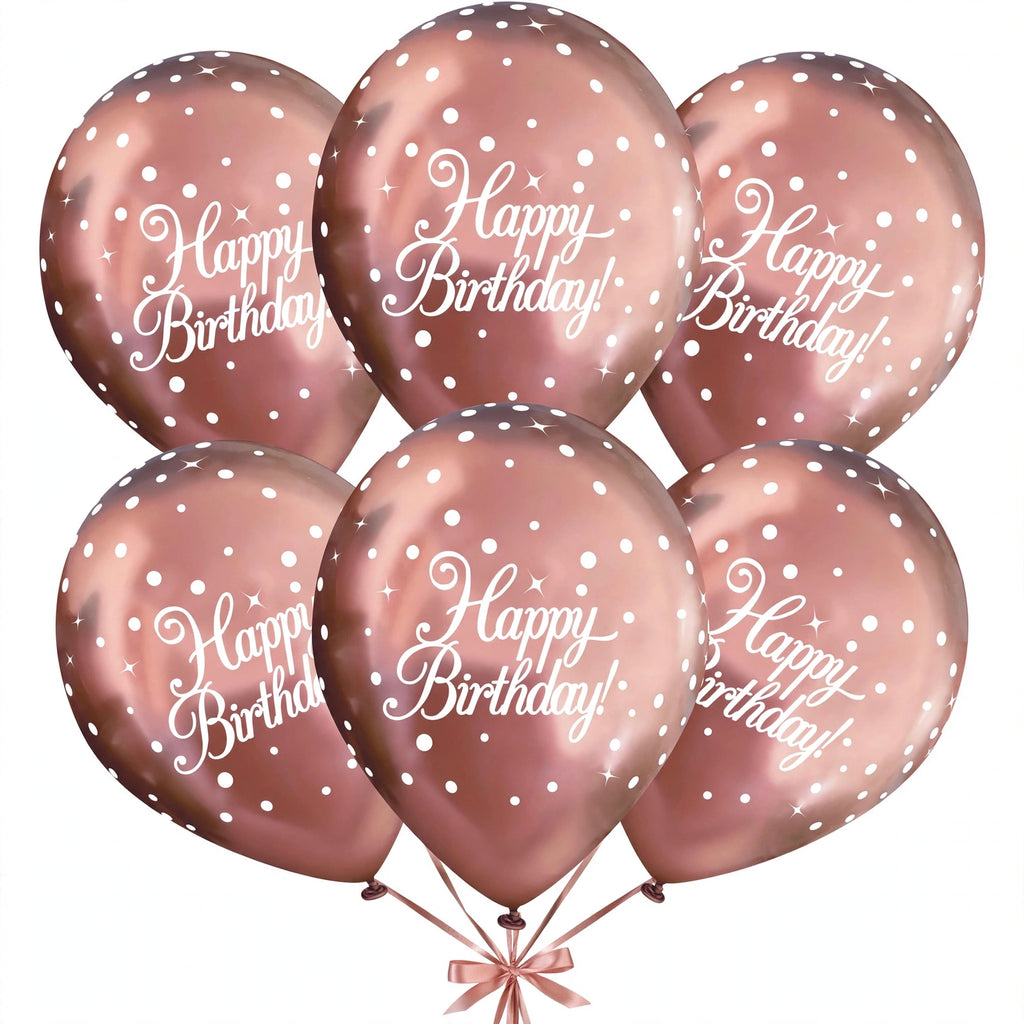 Detail view of Oaktree rose gold Happy Birthday balloons