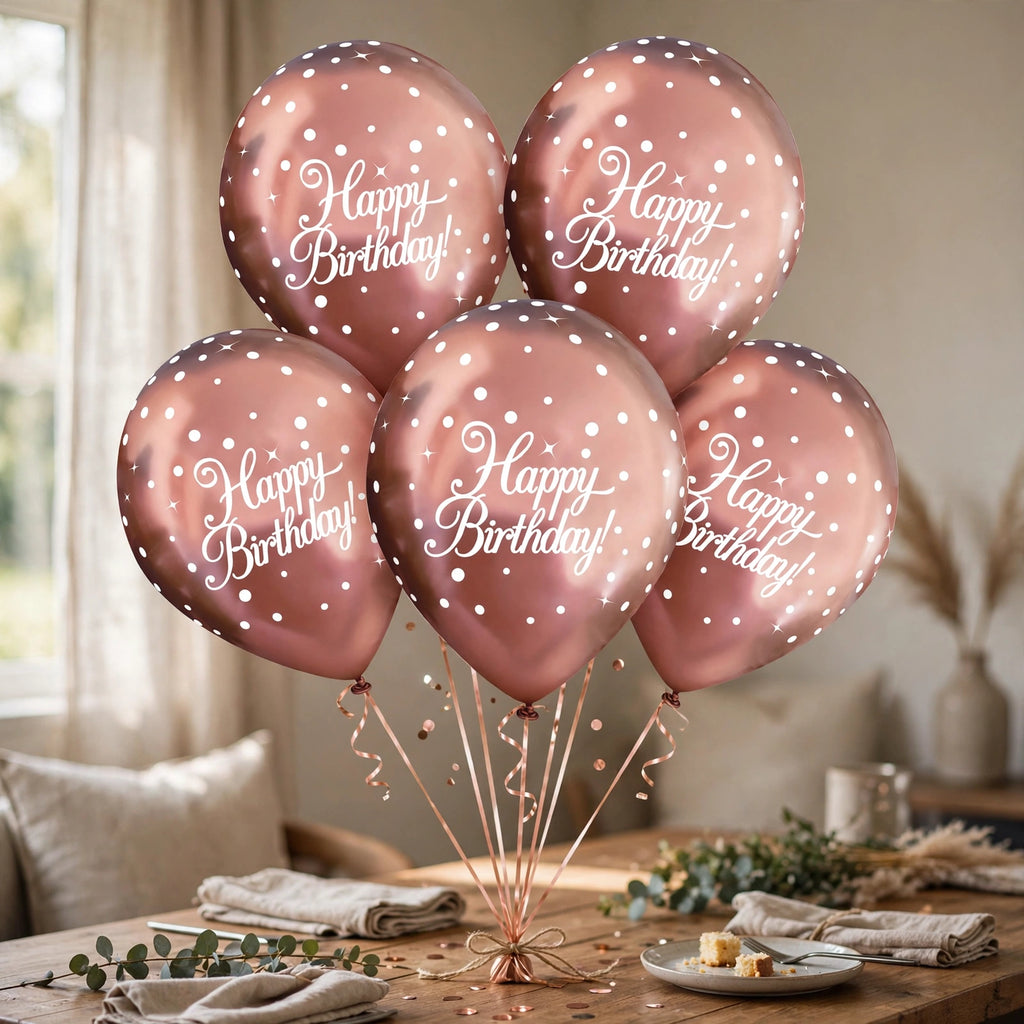Oaktree rose gold Happy Birthday balloons arranged at a birthday party
