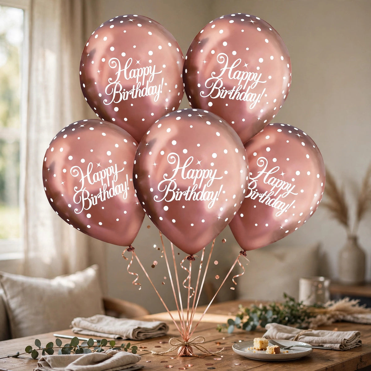 Oaktree rose gold Happy Birthday balloons arranged at a birthday party