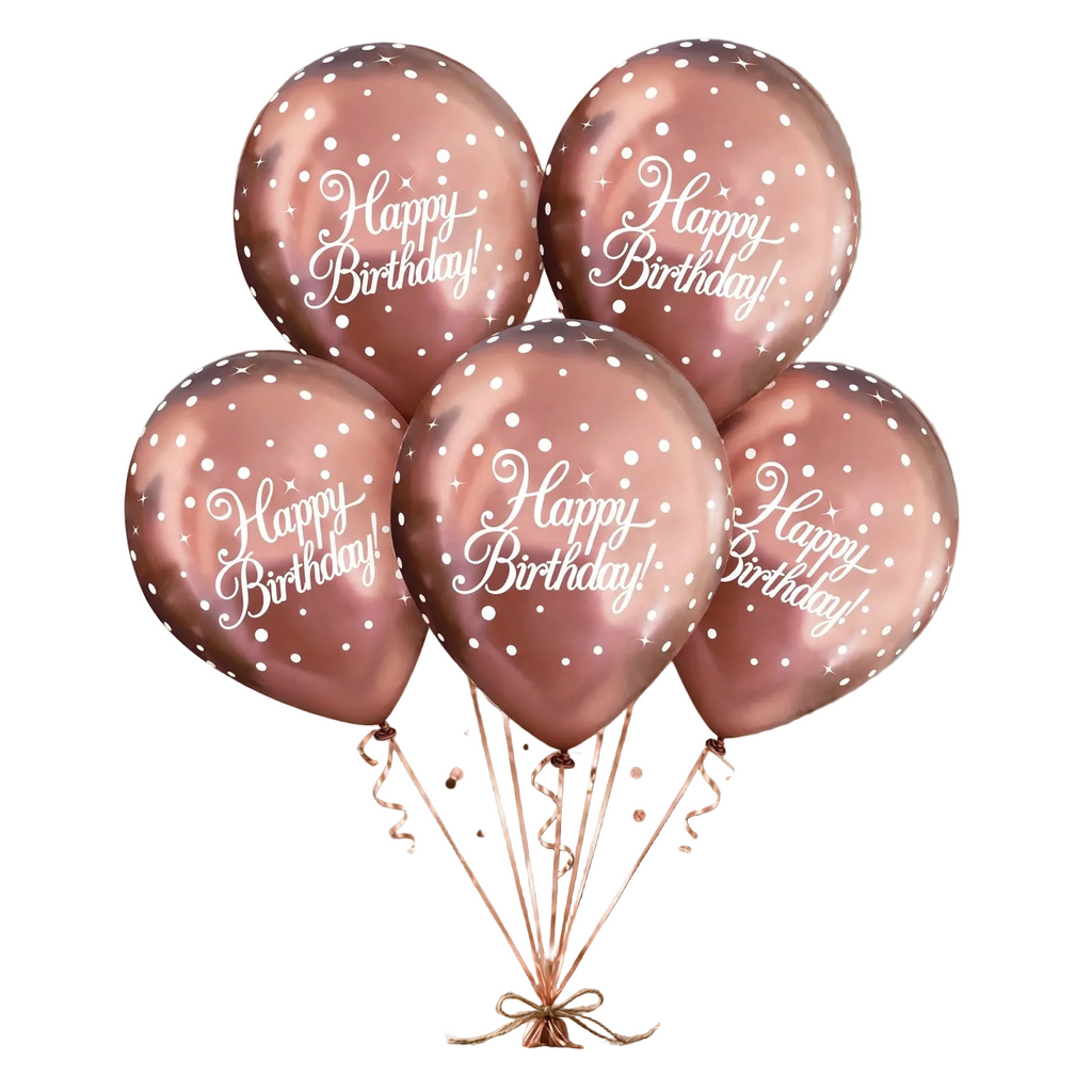 A cluster of six metallic rose gold birthday balloons with white polka dots and 'Happy Birthday!' text, tied together with a small bow on a white background.