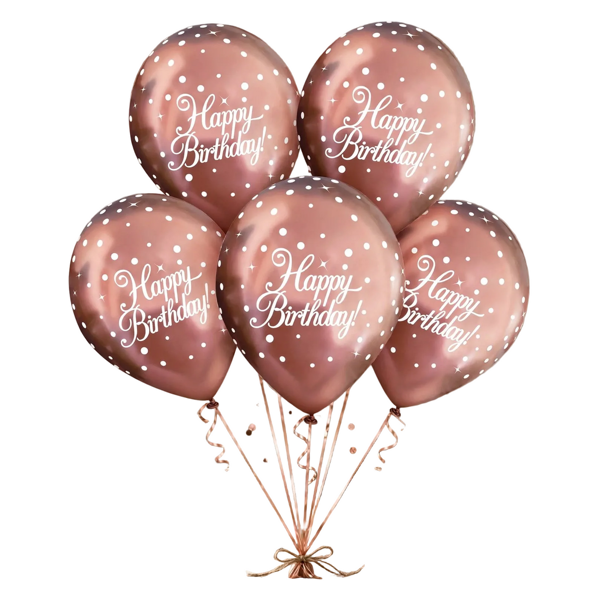 A cluster of six metallic rose gold birthday balloons with white polka dots and 'Happy Birthday!' text, tied together with a small bow on a white background.