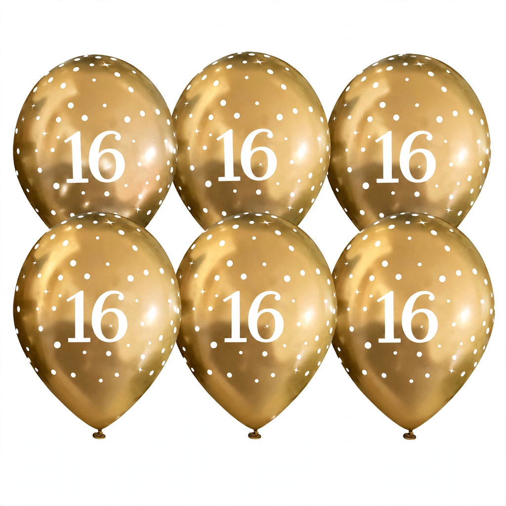 Detail view of the gold birthday balloons showing the number 16 and star designs