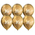 Gold 11-inch birthday balloons featuring white number 16 and sparkle design