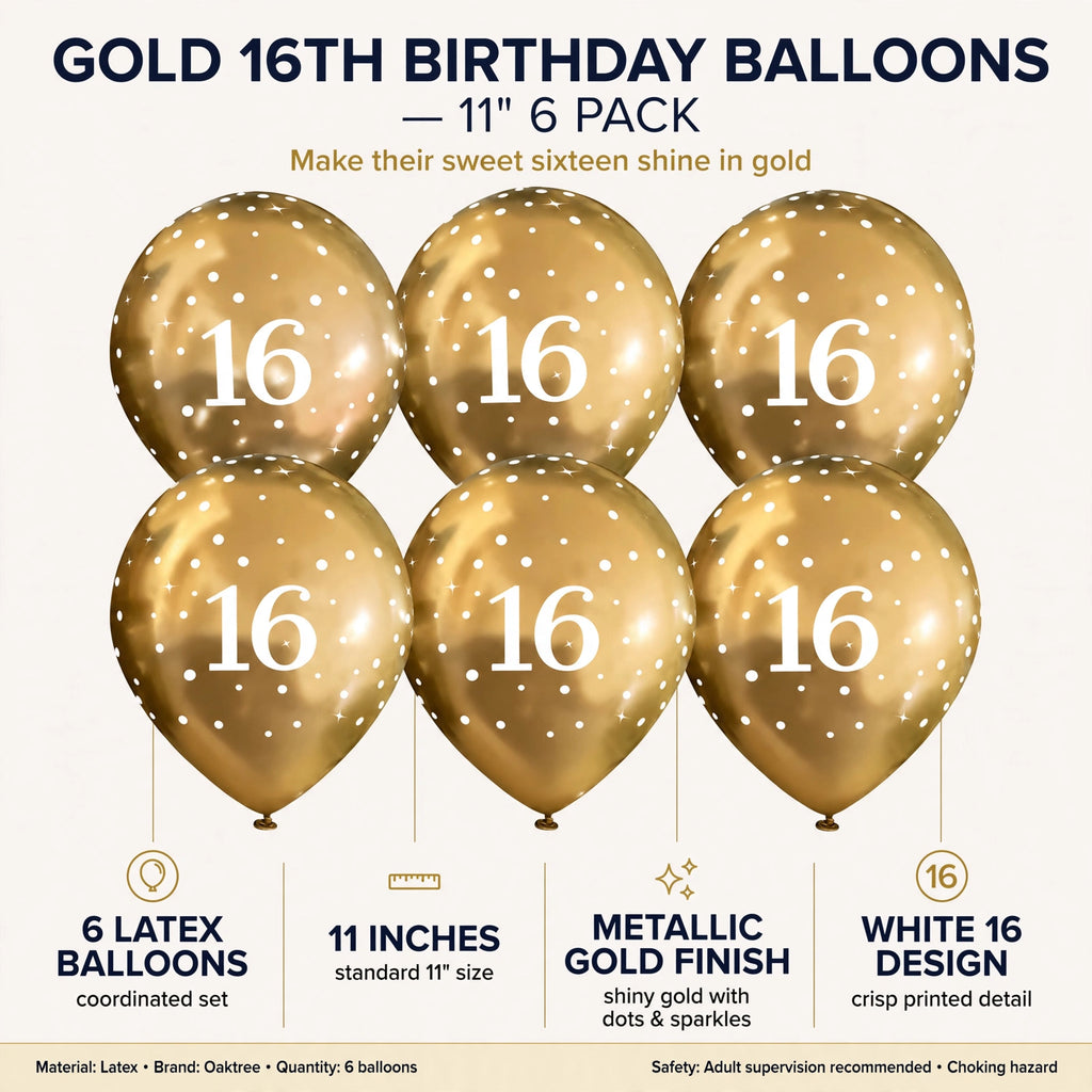 Details of the gold 11-inch birthday balloons with number 16, dots, and sparkle stars