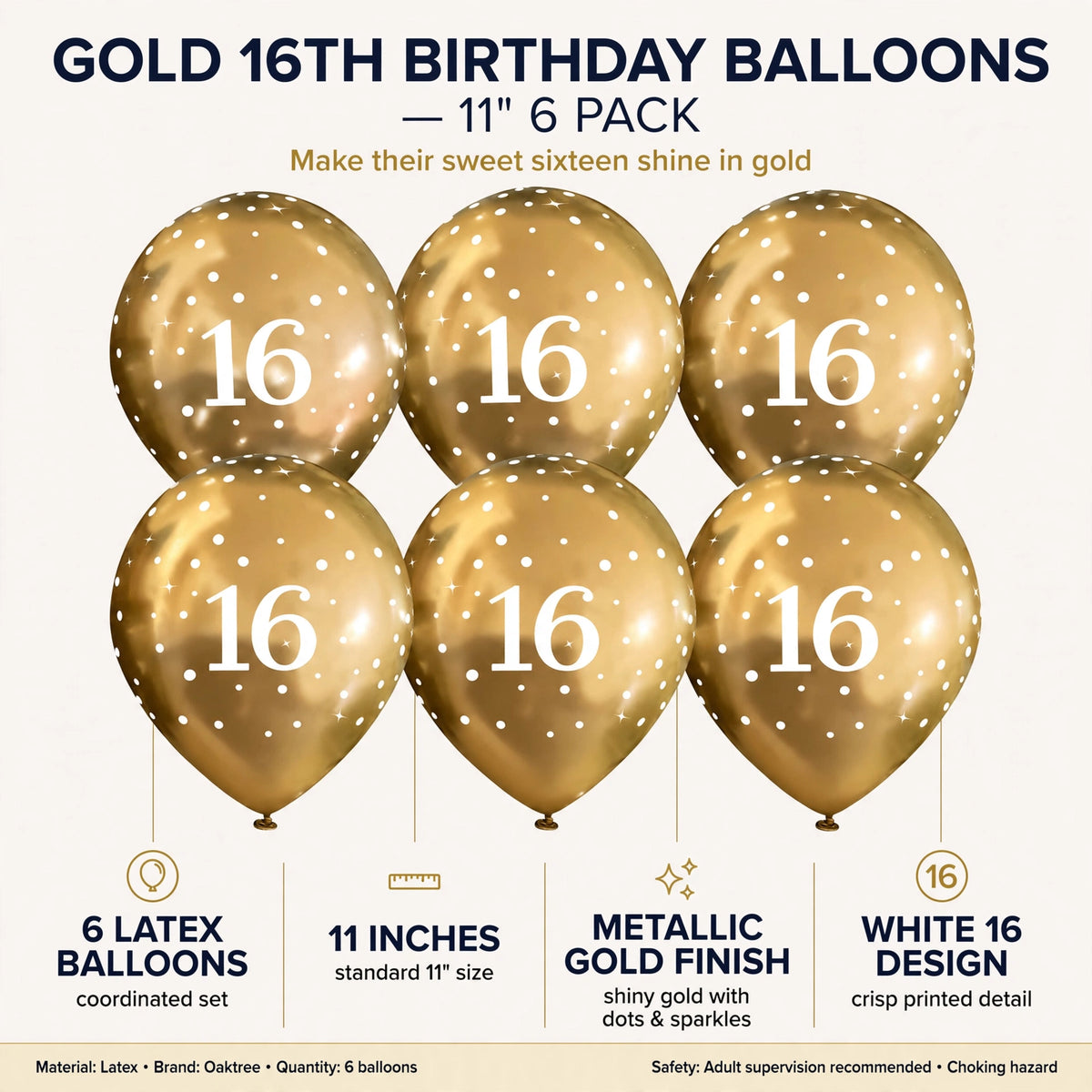 Details of the gold 11-inch birthday balloons with number 16, dots, and sparkle stars