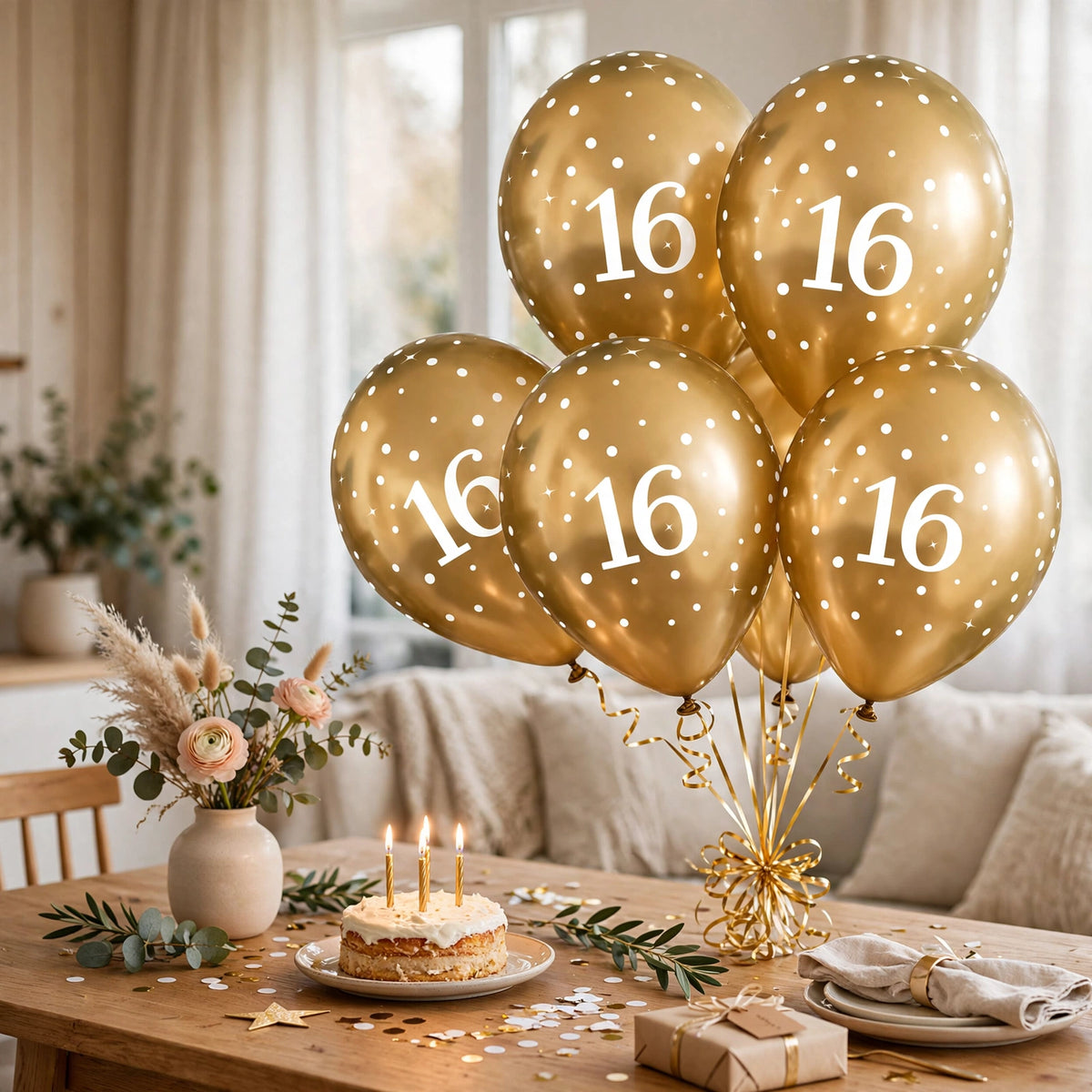 Gold birthday balloons displayed at a sweet sixteen party setting