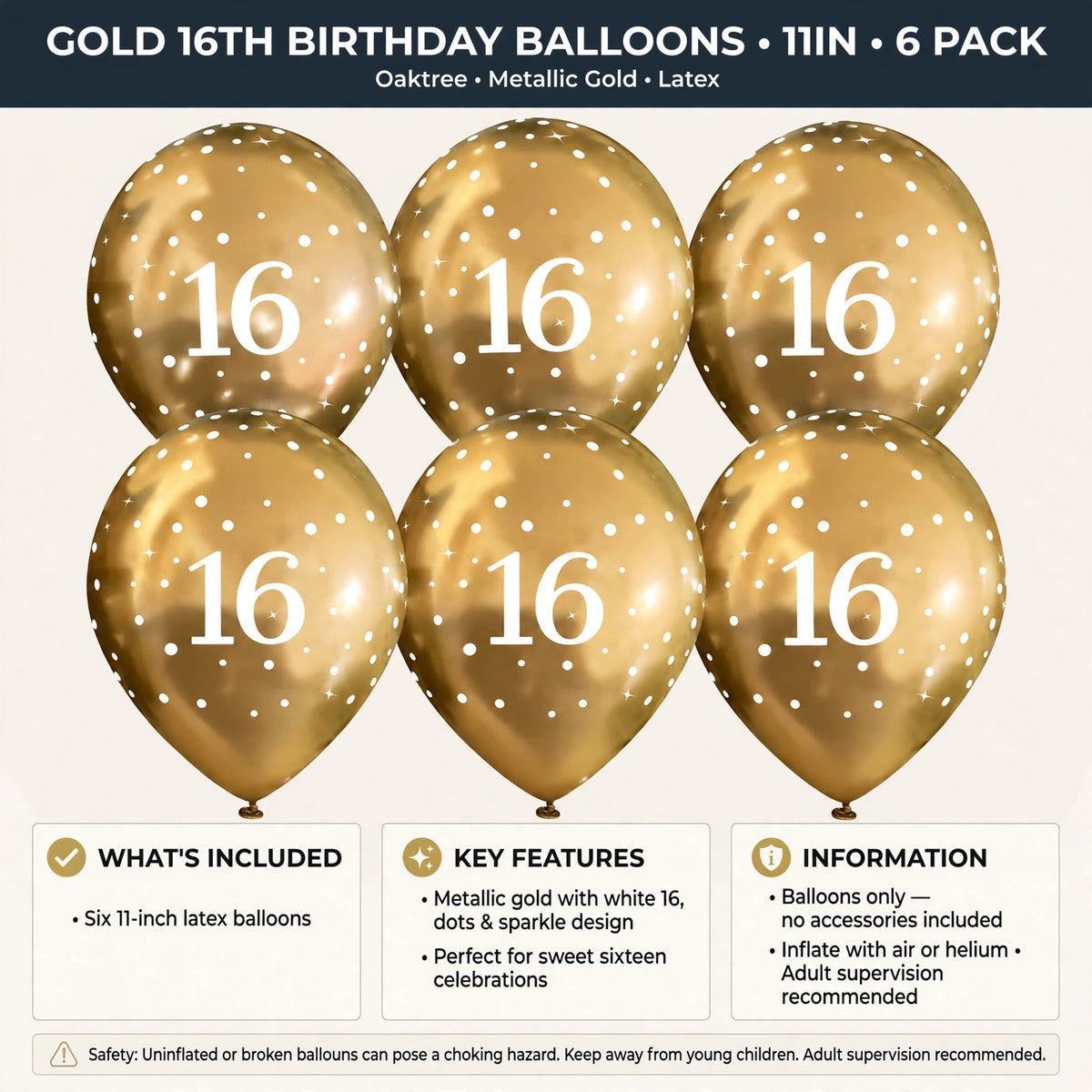 6 pack of 11-inch latex balloons for a coordinated sweet sixteen birthday display