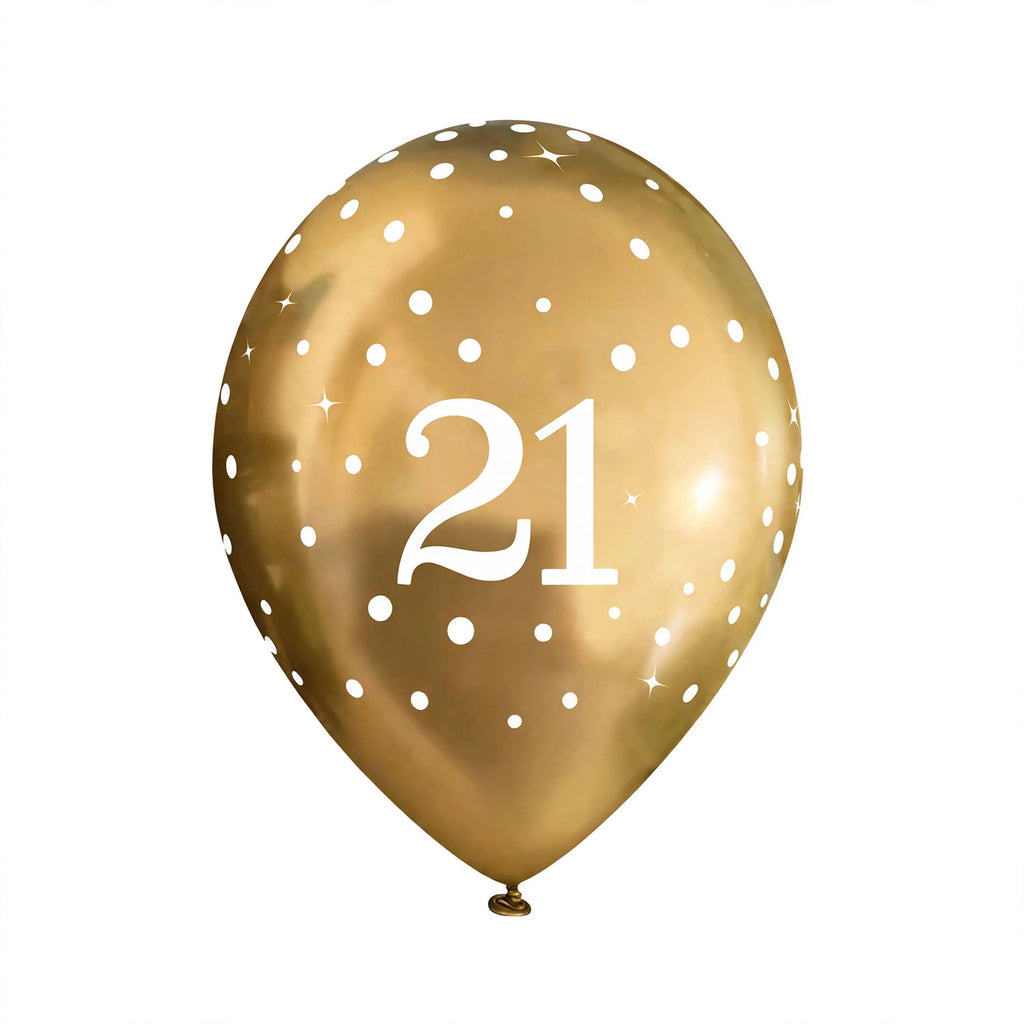 Detailed view of gold latex balloons with celebration design