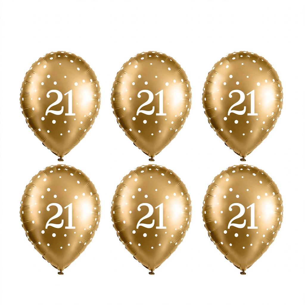 Gold 21st birthday balloons with white number 21 and sparkle details