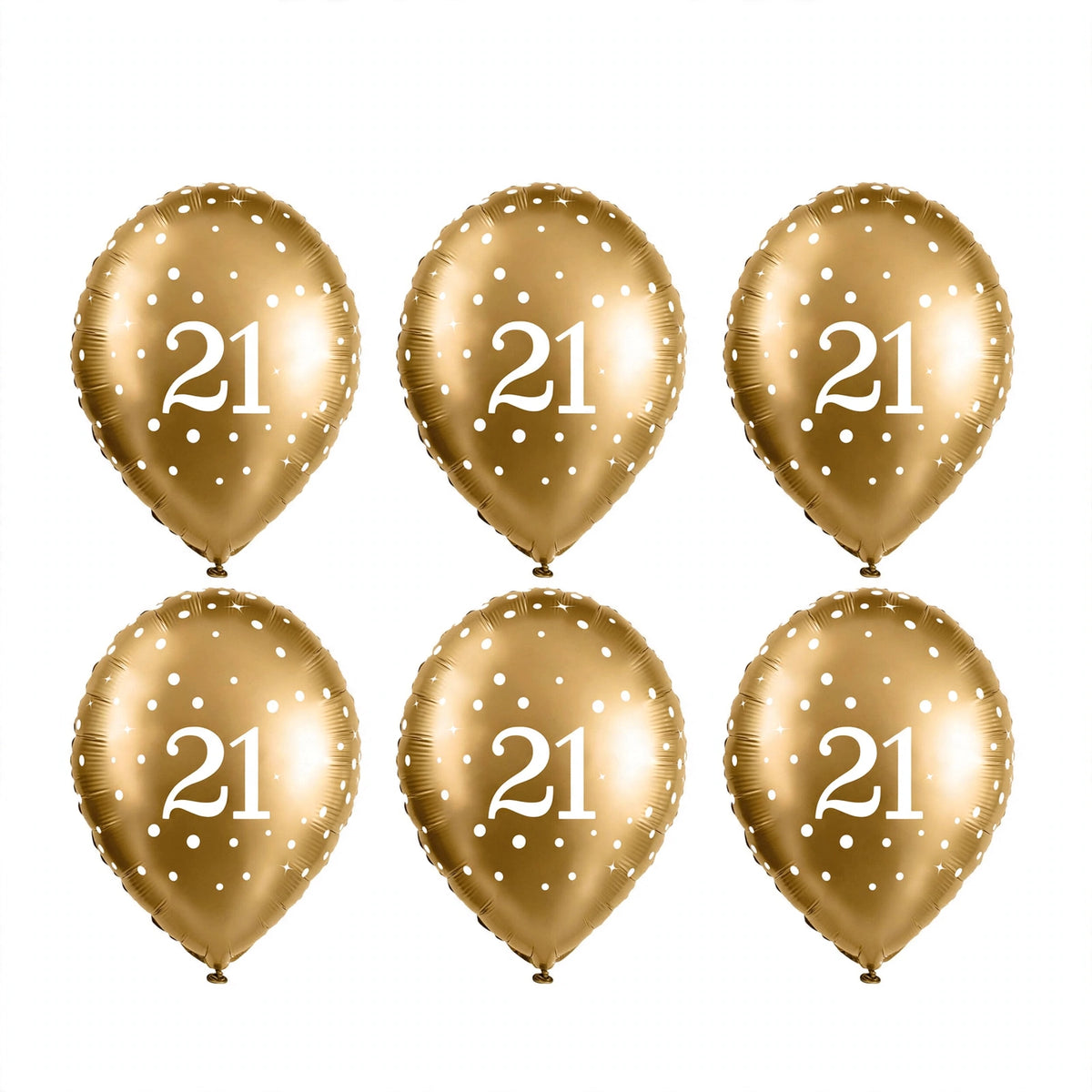 Gold 21st birthday balloons with white number 21 and sparkle details