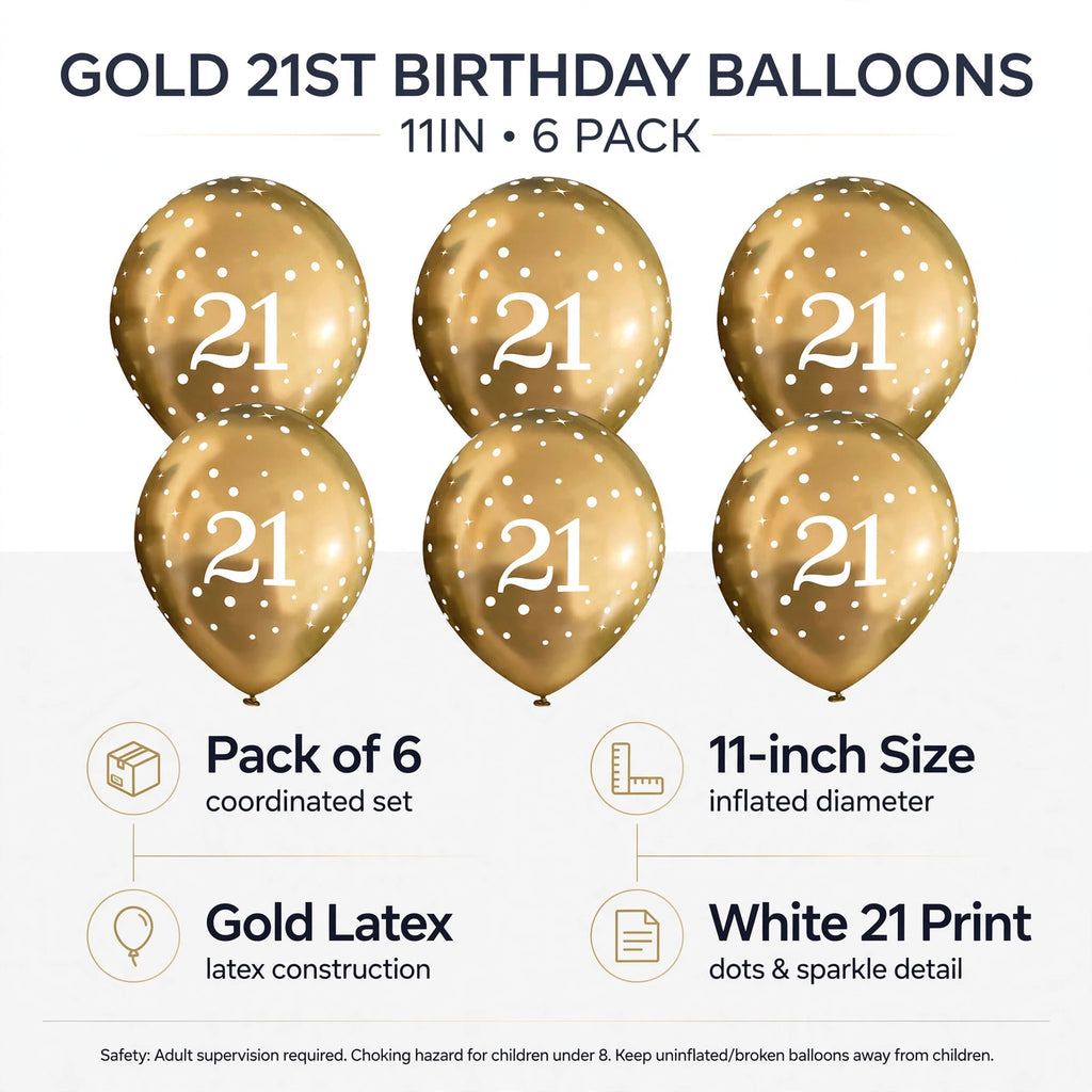 Features of gold latex balloons with white 21 and dot print