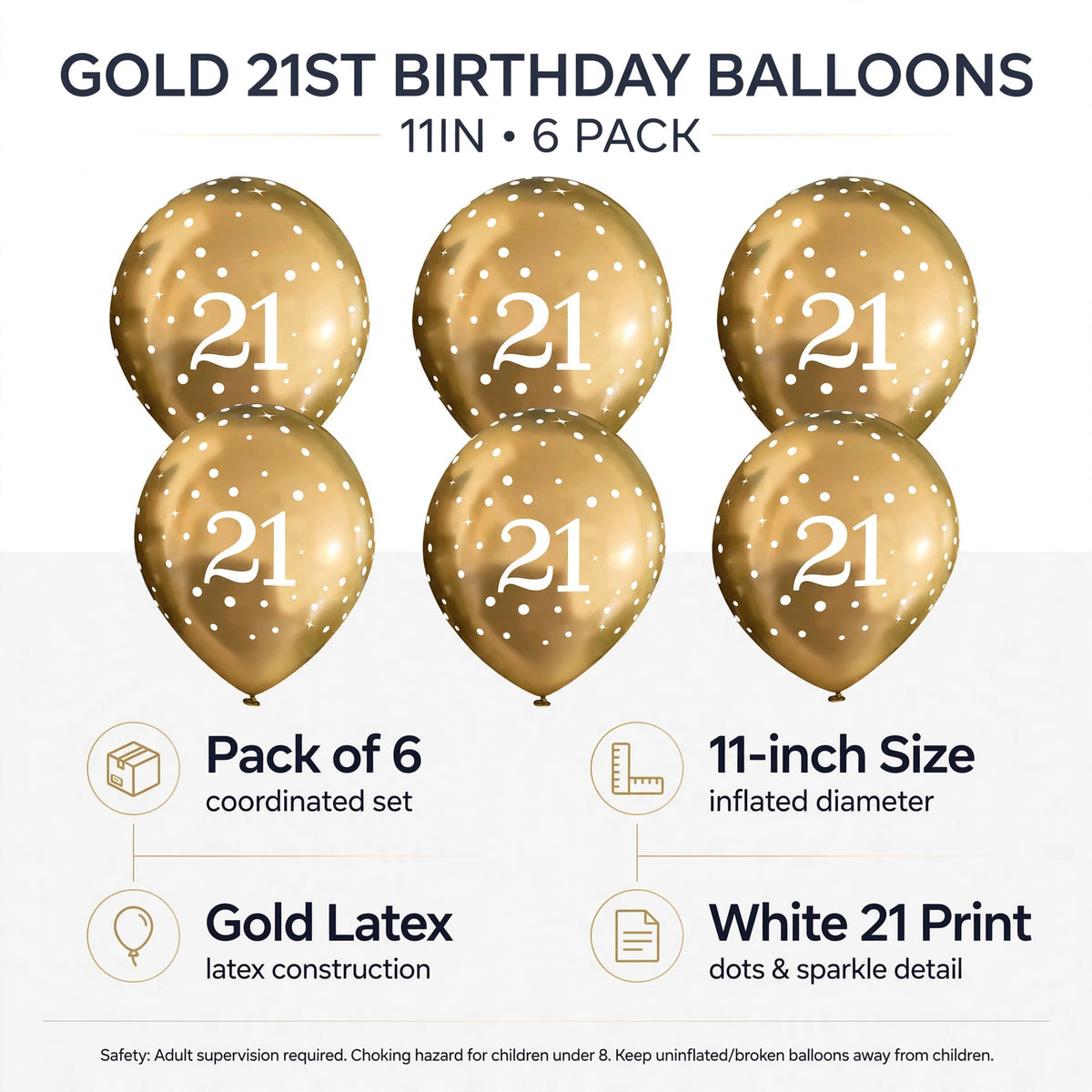 Features of gold latex balloons with white 21 and dot print