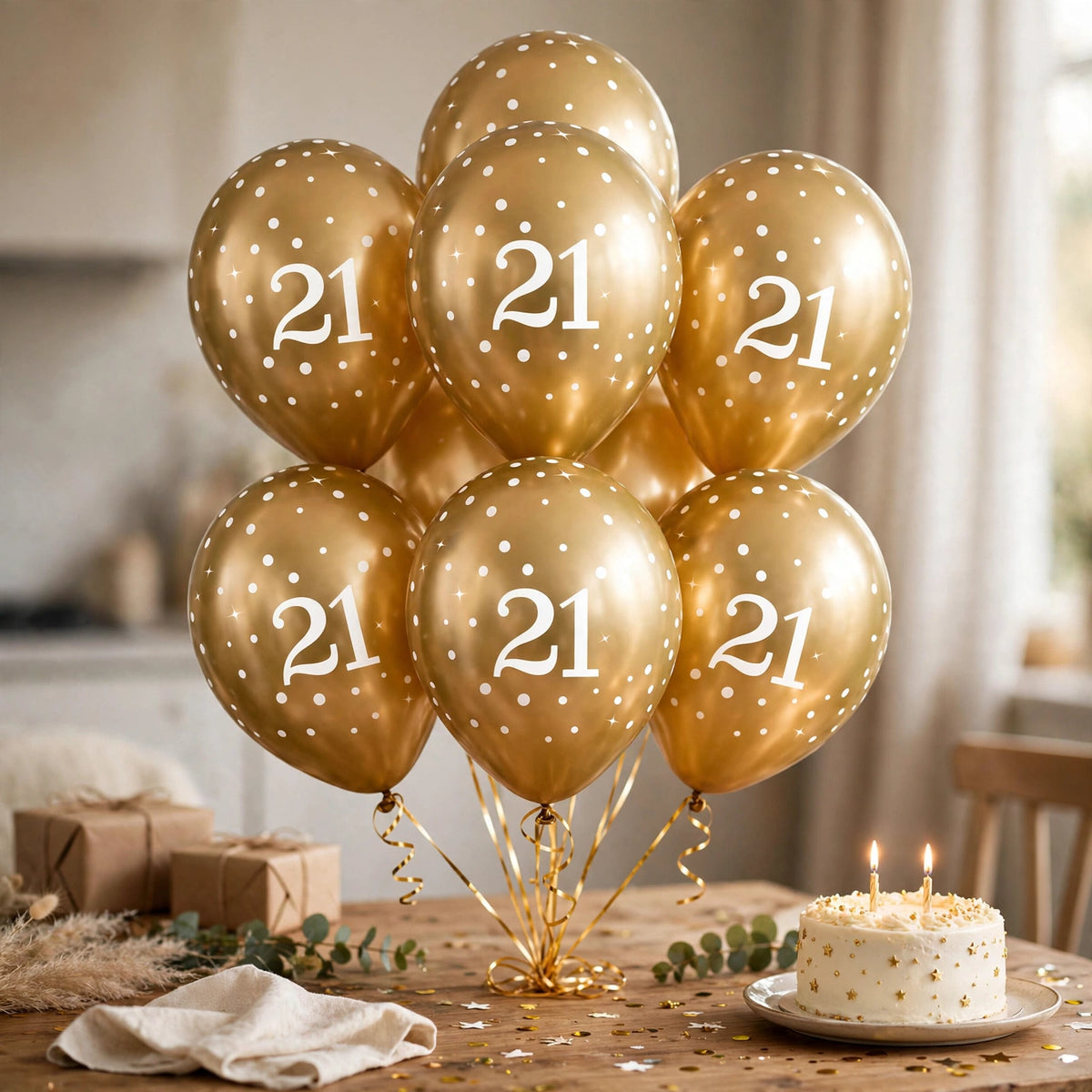 Gold balloons displayed at a 21st birthday party backdrop