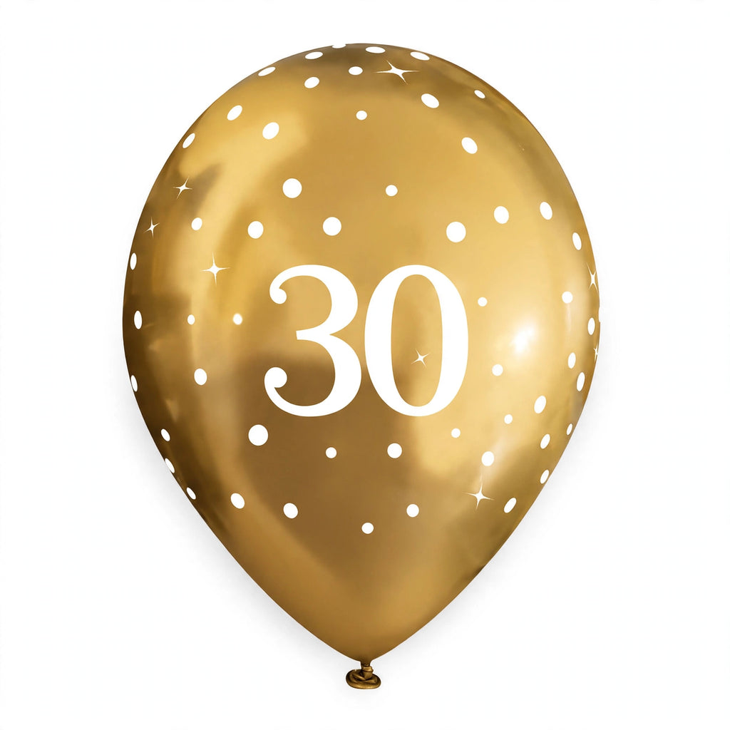 Detail view of the gold 30th birthday balloons showing the design