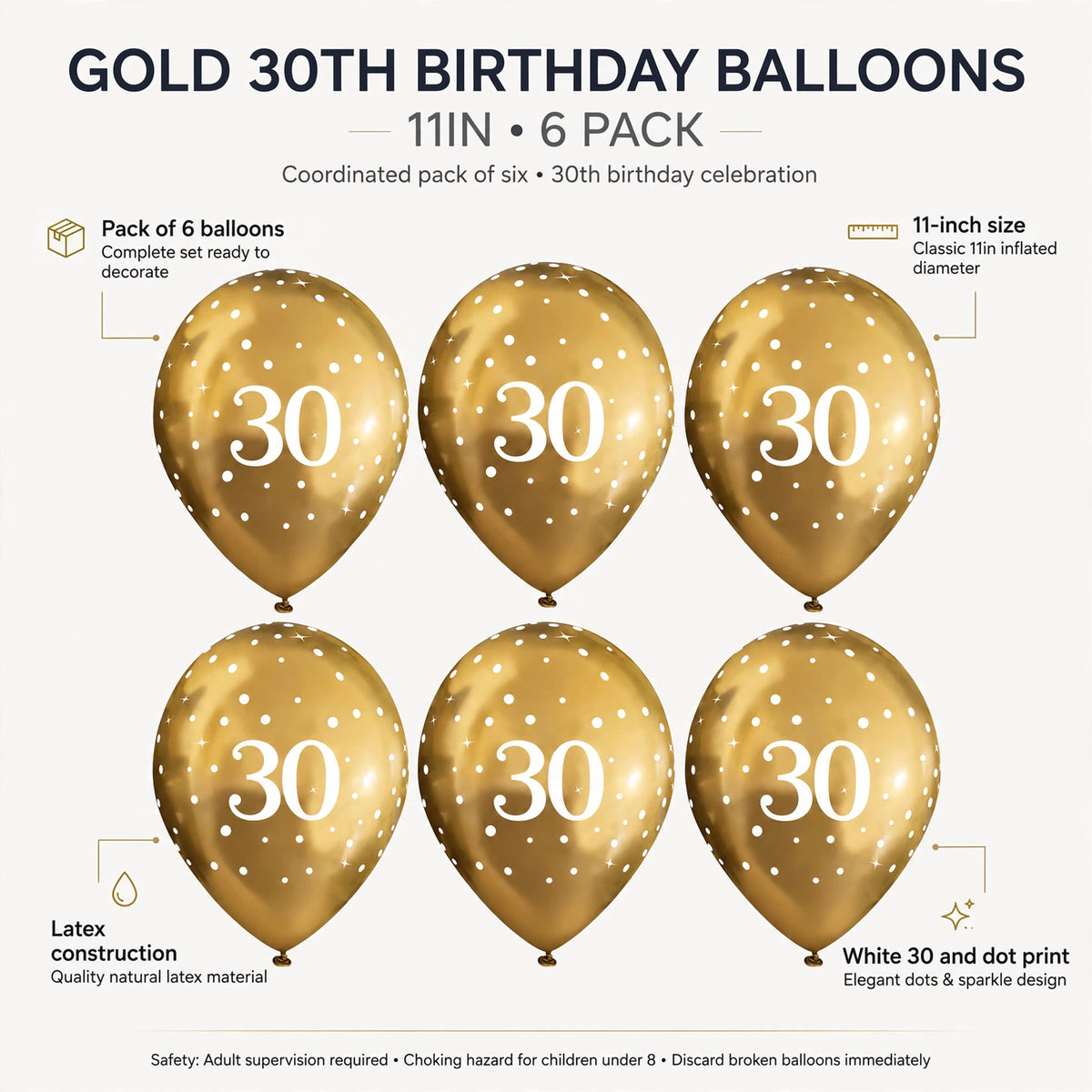 Features of the gold 30th birthday balloons with dot and sparkle print