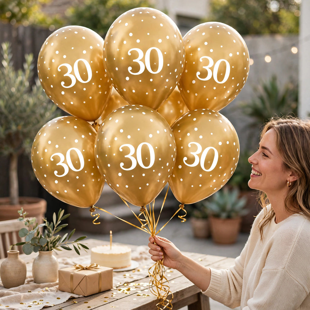 Gold 30th birthday balloons displayed at a birthday party setting