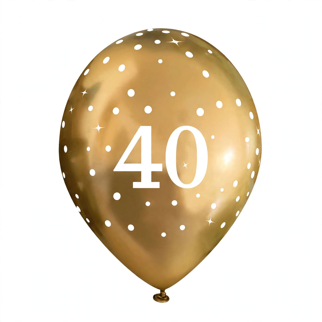 Detail view of gold latex balloons featuring number 40 and dot design