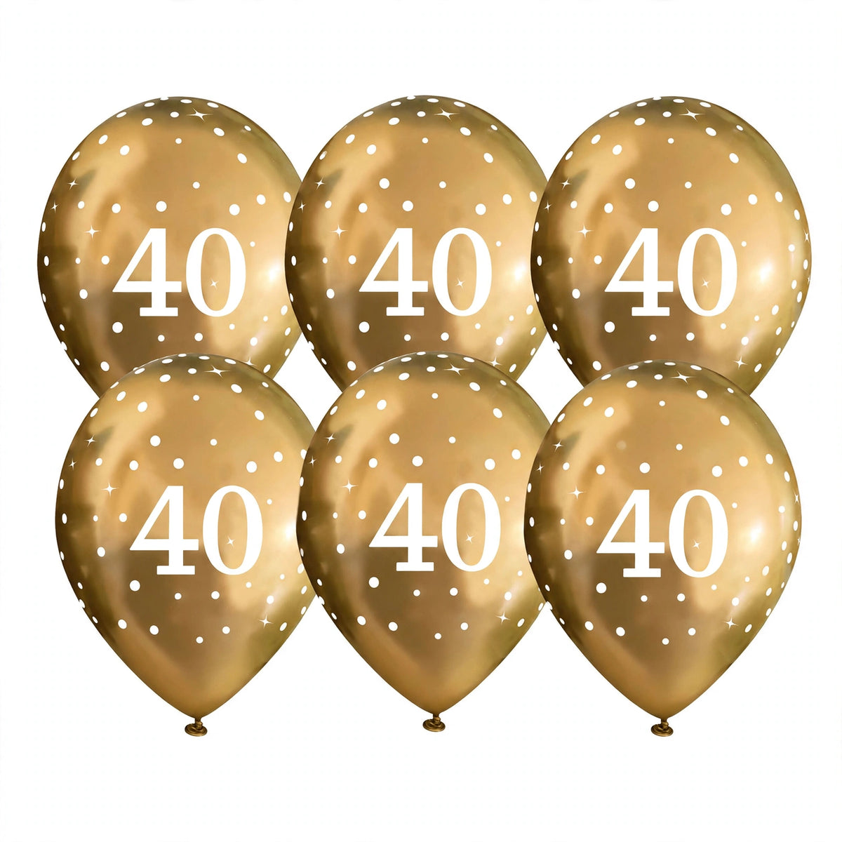 Gold 40th birthday balloons with white number 40 and sparkle details