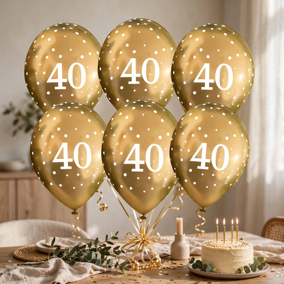 Gold balloons arranged for a 40th birthday party backdrop