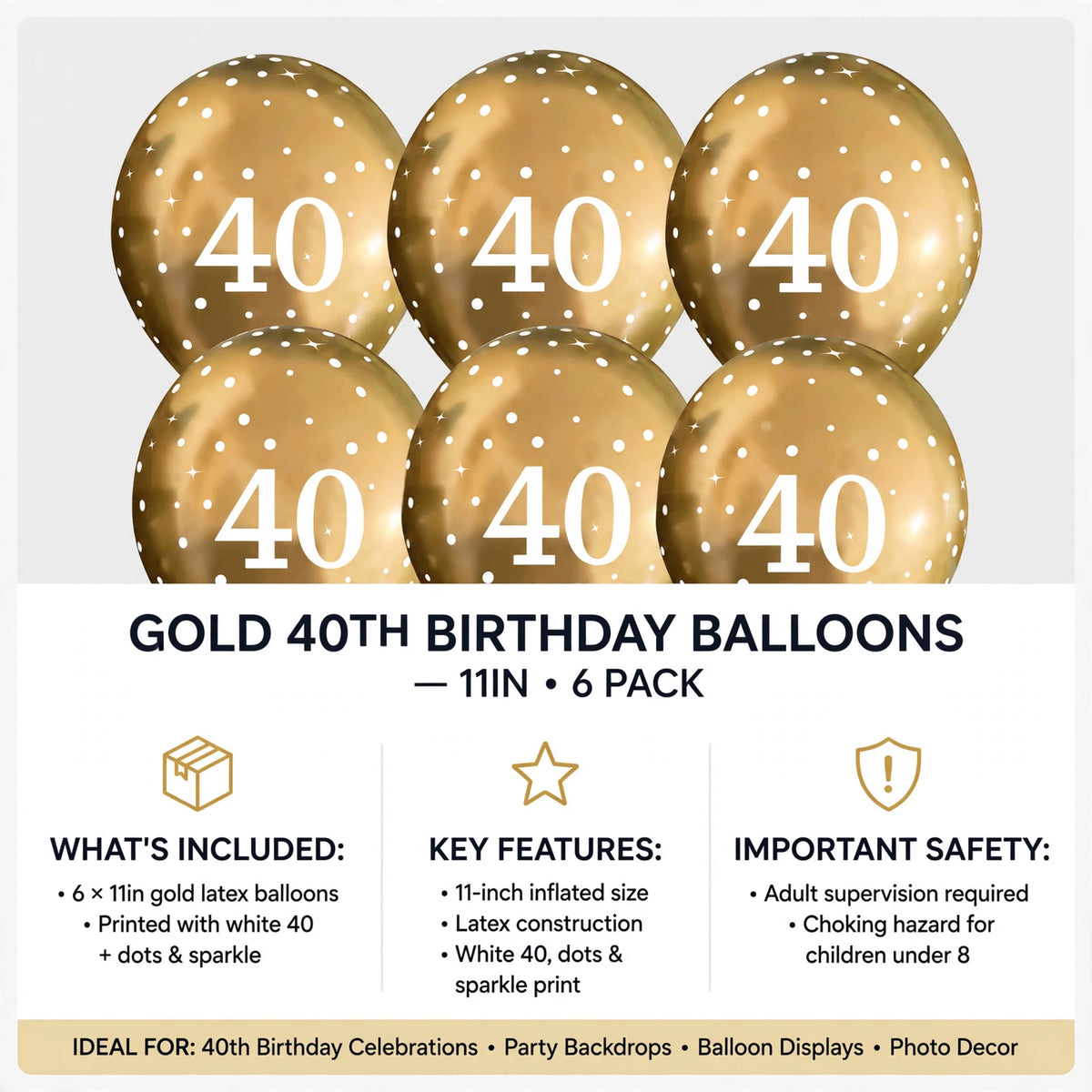 Information on safety and usage of gold latex balloons for 40th birthday