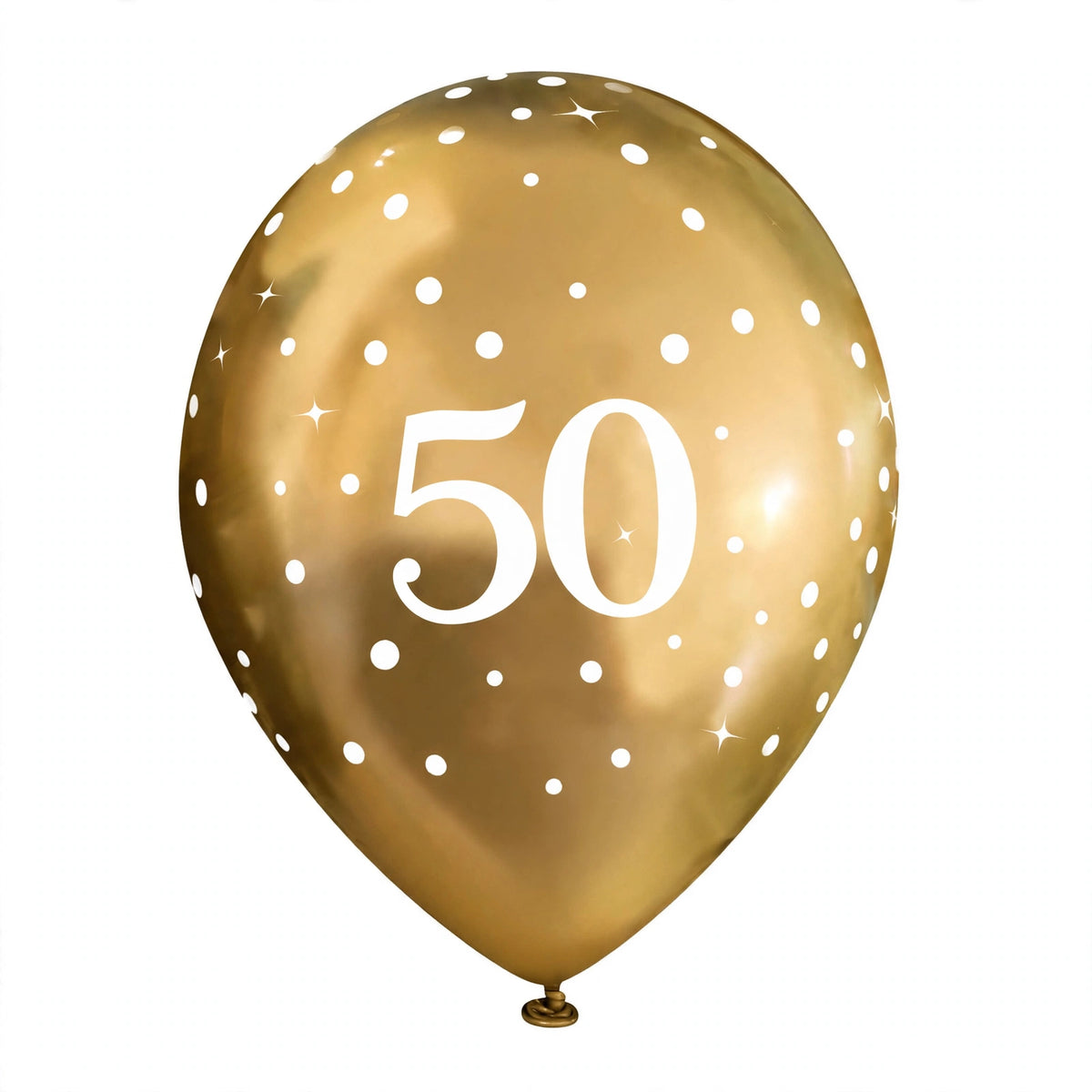 Detail view of gold 50th birthday balloon showing dot and sparkle print