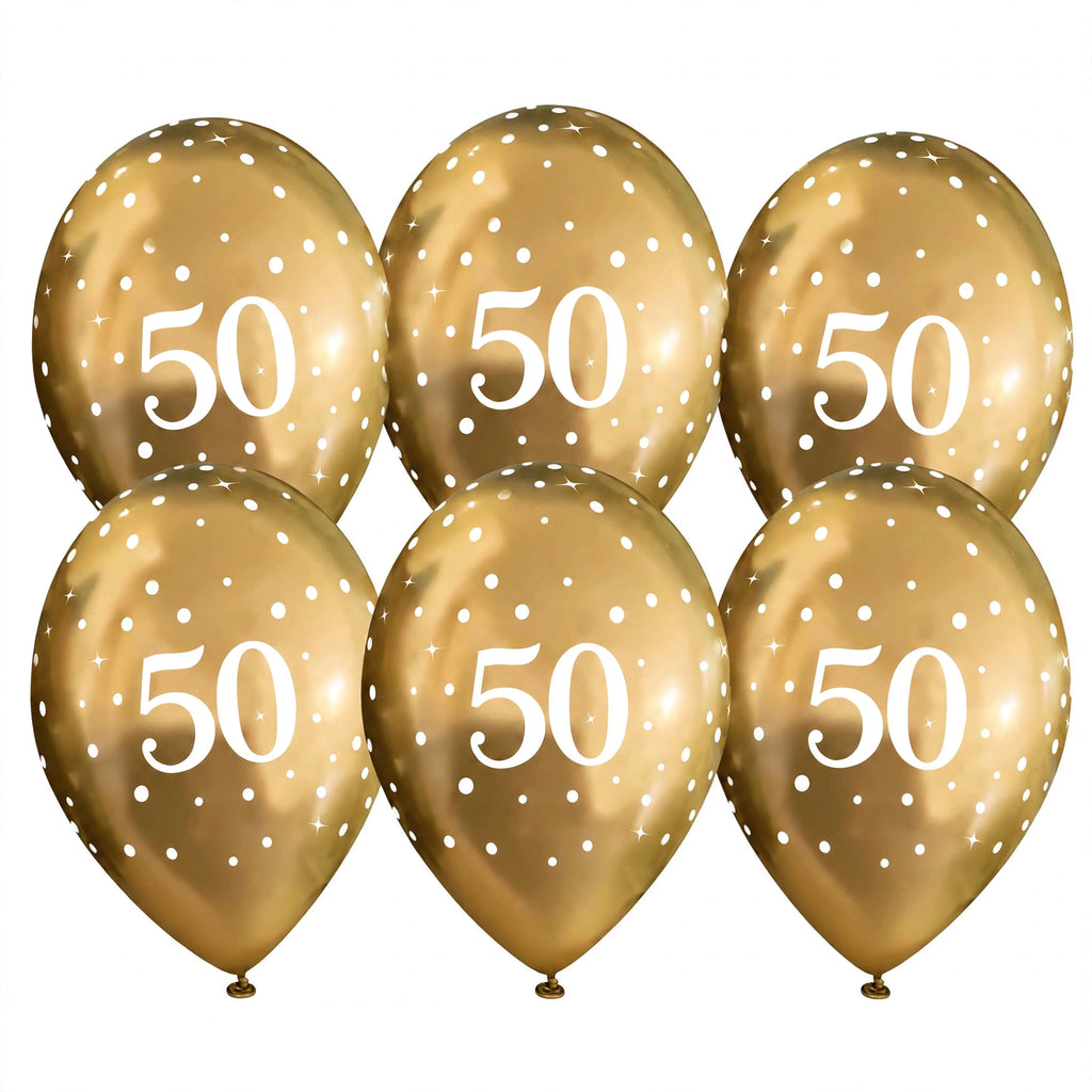 Gold 50th Birthday Balloons set of six with white number 50