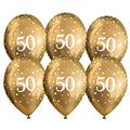 Gold 50th Birthday Balloons set of six with white number 50
