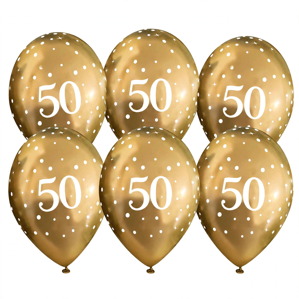 Gold 50th Birthday Balloons set of six with white number 50