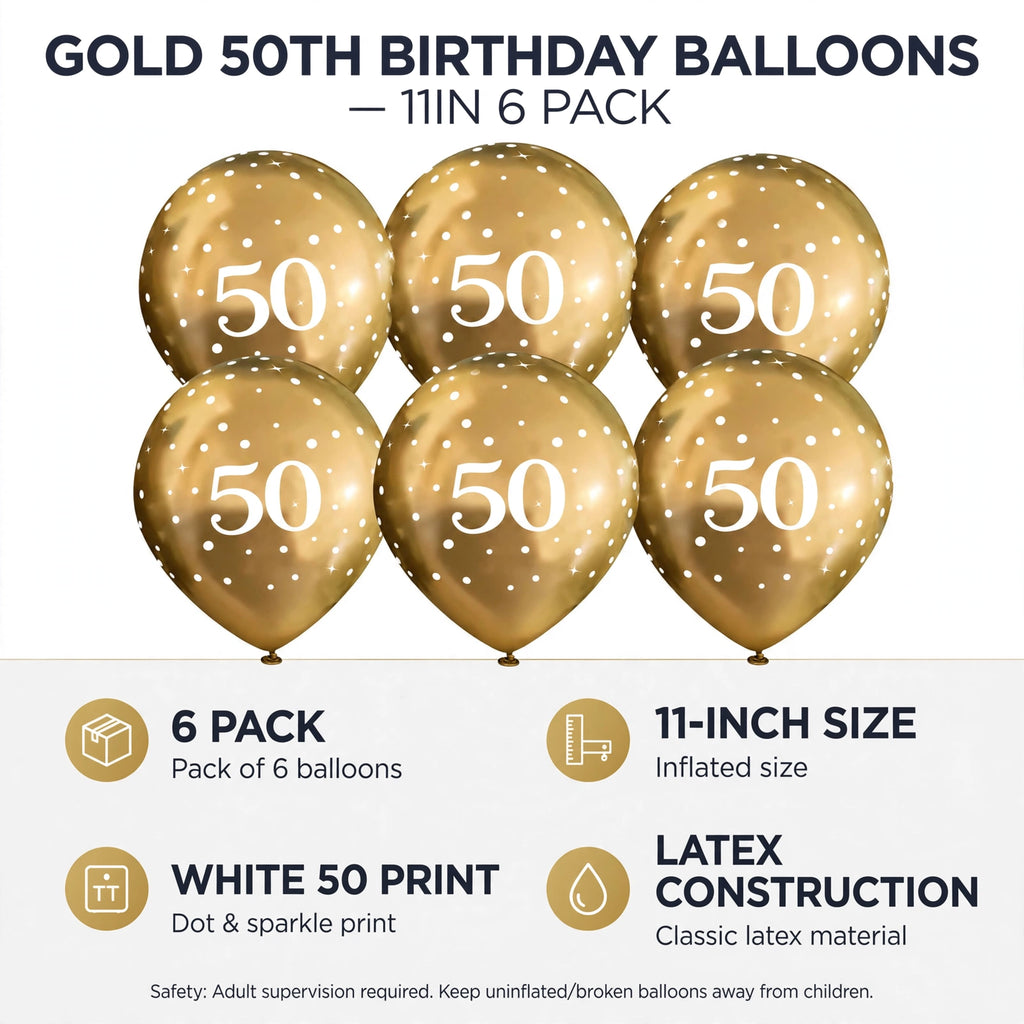 Infographic showing features of gold latex 50th birthday balloons