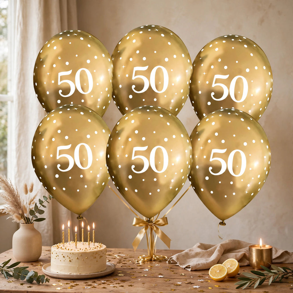Gold 50th birthday balloons arranged for party decoration