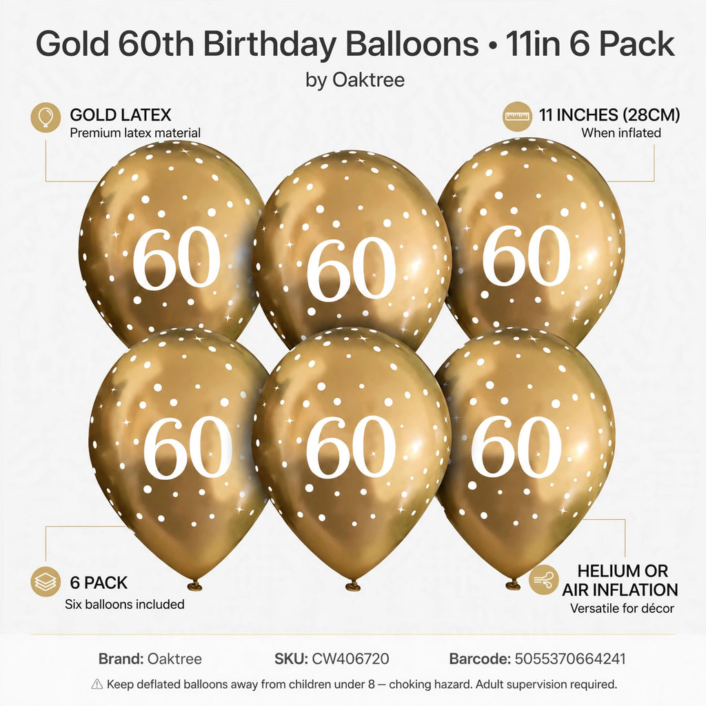 Features of gold latex balloons with white number 60.