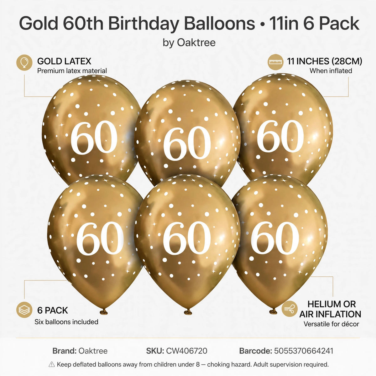 Features of gold latex balloons with white number 60.