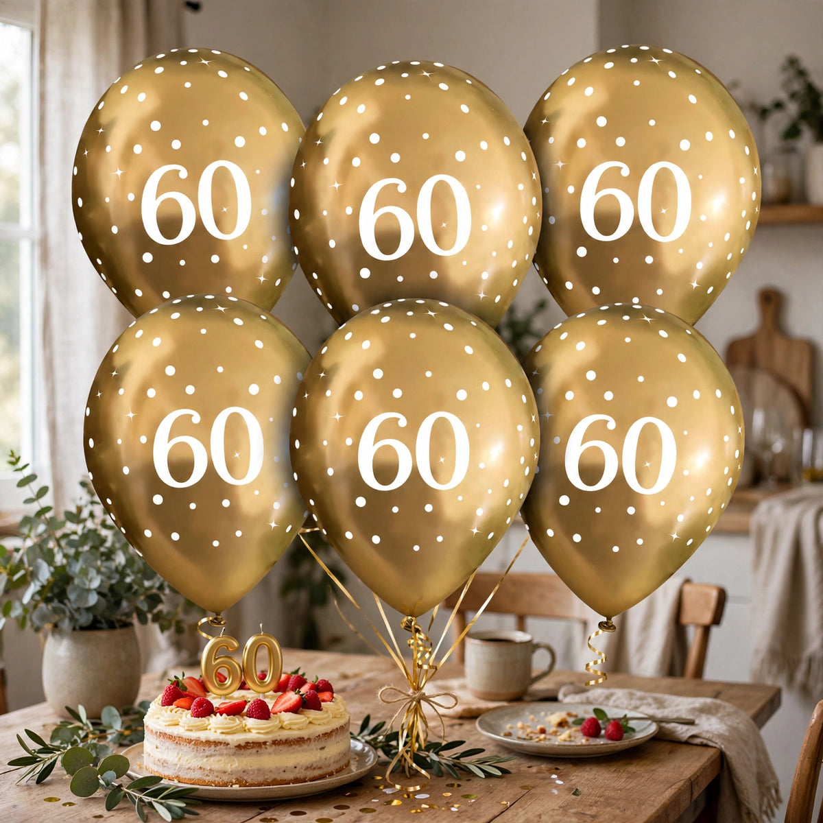 Gold 60th birthday balloons displayed at a celebration.