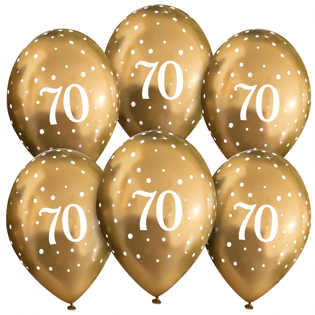 Alternative view of gold latex balloons in pack showing quantity of 6