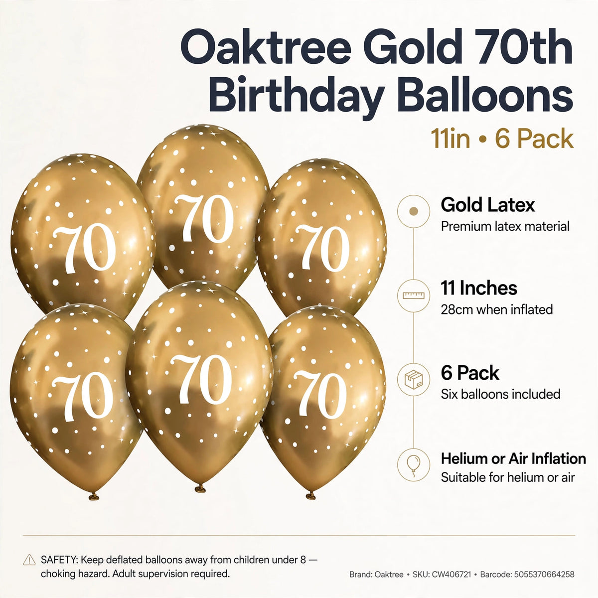 Features of gold latex balloons including 11 inches size and suitable for helium or air inflation