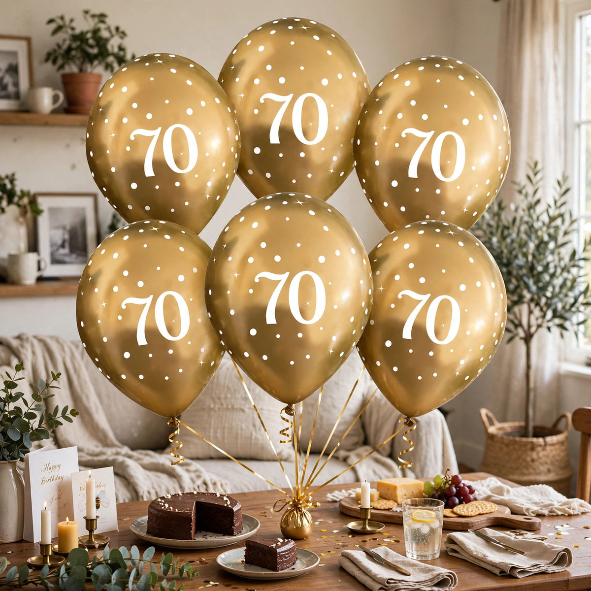 Gold 70th birthday balloons used in a birthday celebration setting