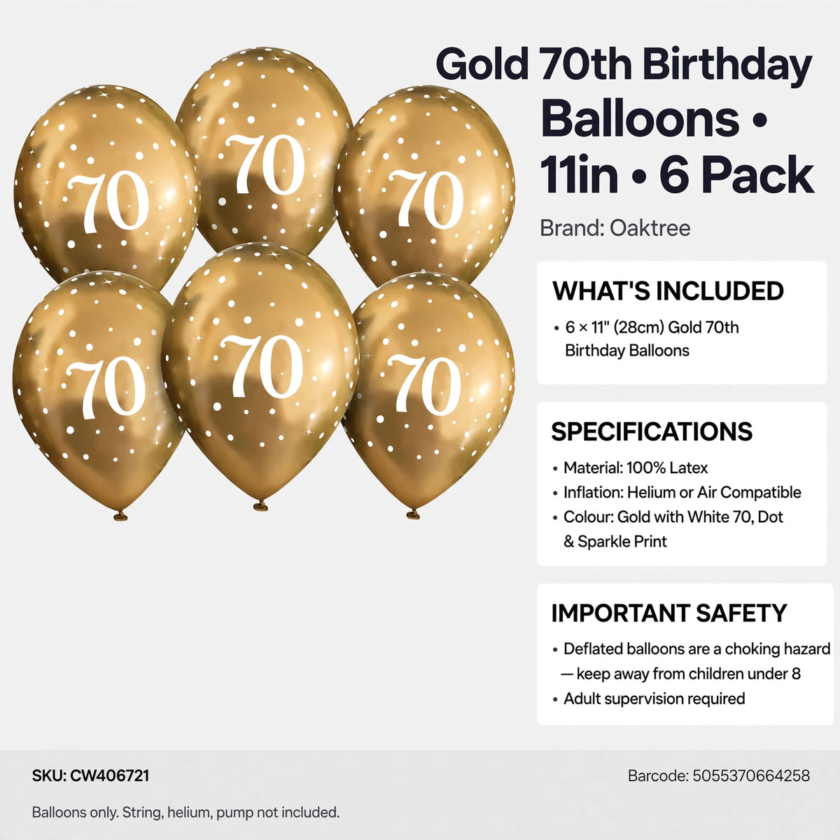 Six gold latex balloons suitable for a 70th birthday, can be inflated with helium or air