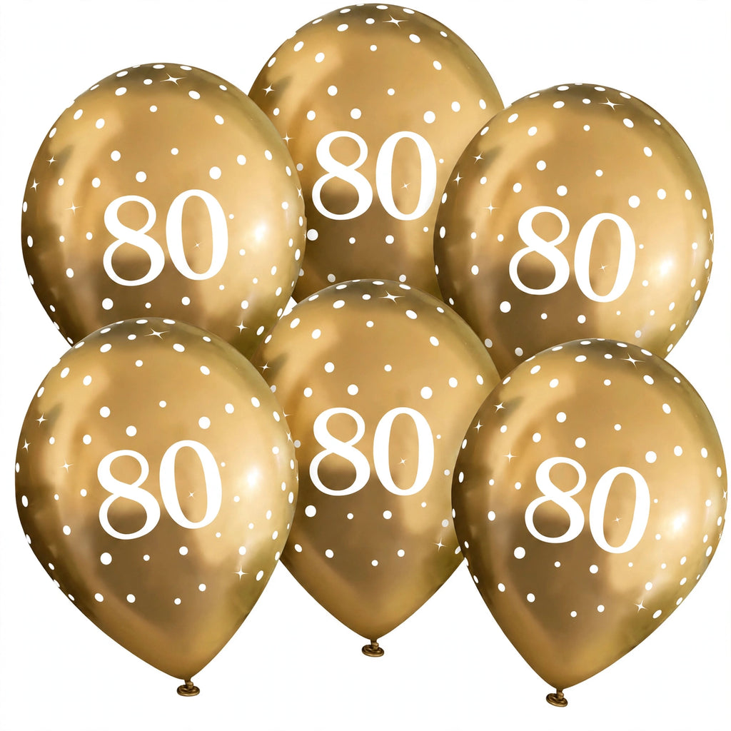 Gold 80th birthday balloons in a pack of six, inflated size 11 inches.