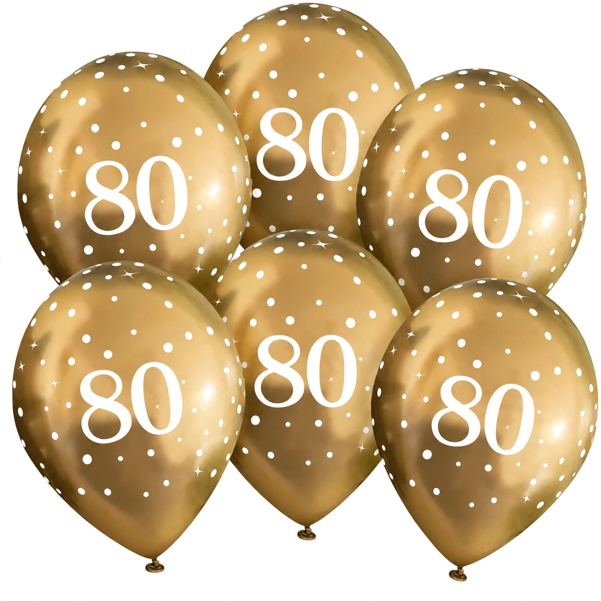 Gold 80th birthday balloons in a pack of six, inflated size 11 inches.