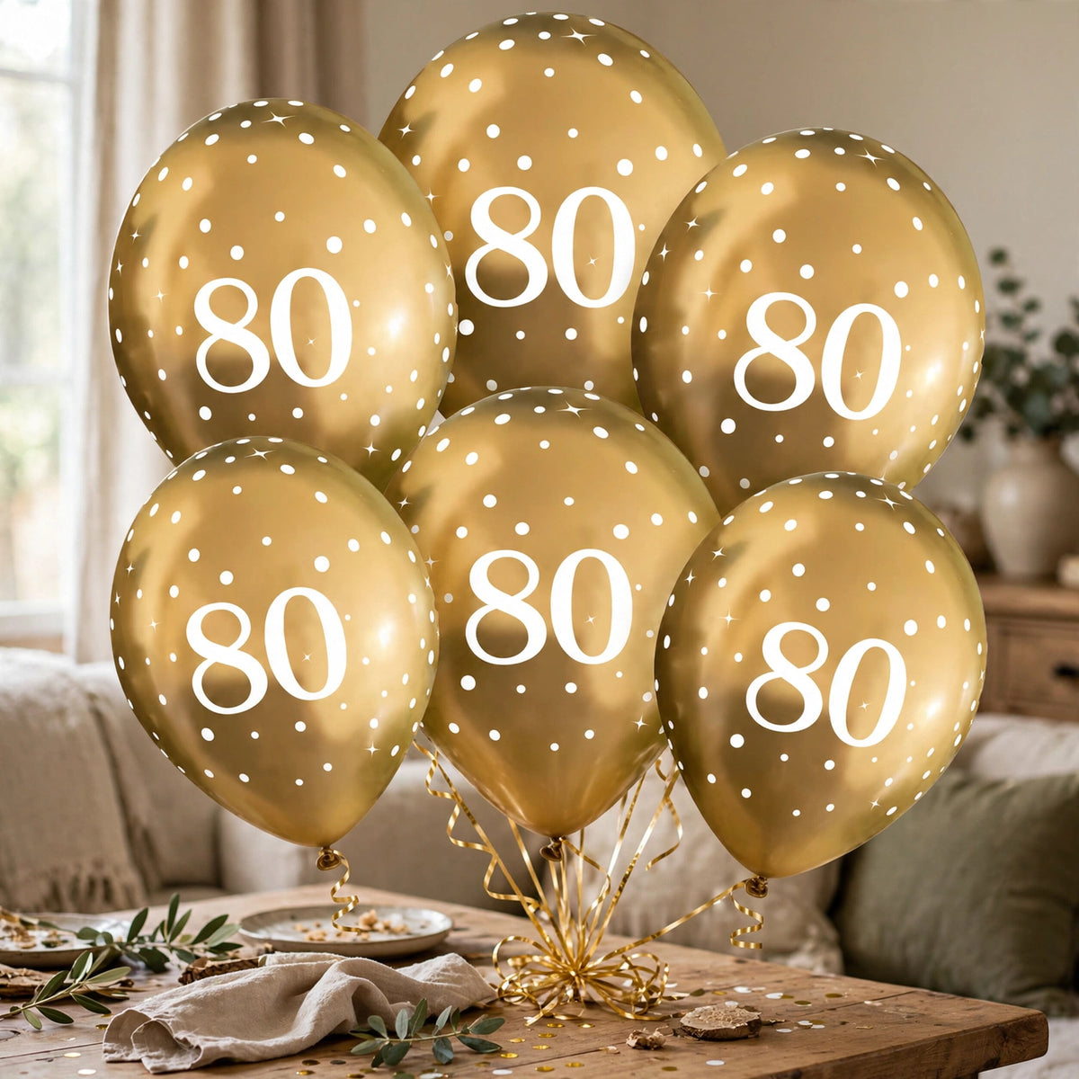 Gold 80th birthday balloons displayed at a birthday party setting.