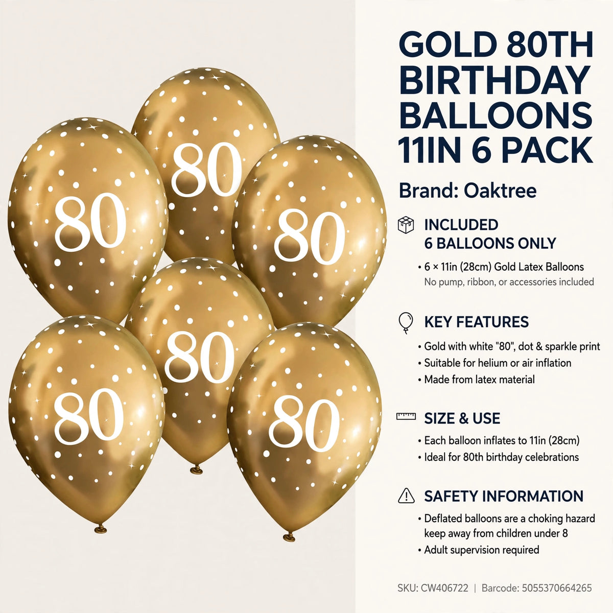 Pack of six gold balloons suitable for helium or air inflation for an 80th birthday.