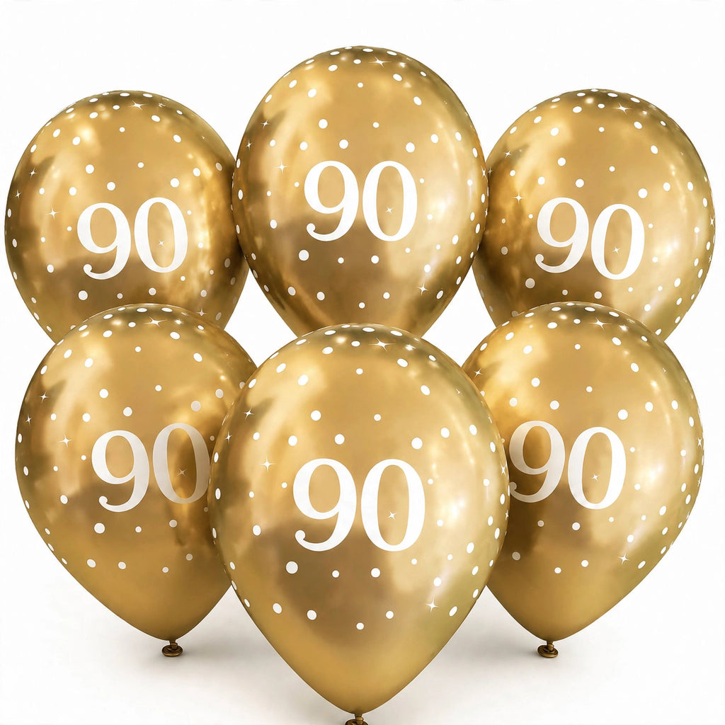 Detail view of gold latex balloons with white number 90 and dot print