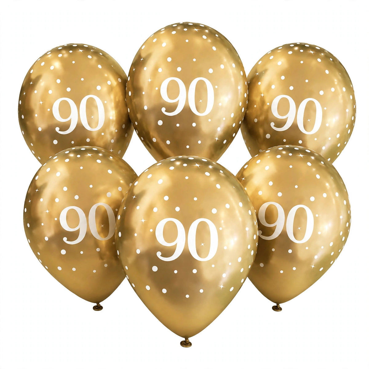 Gold 90th birthday balloons with white number 90 and sparkle print
