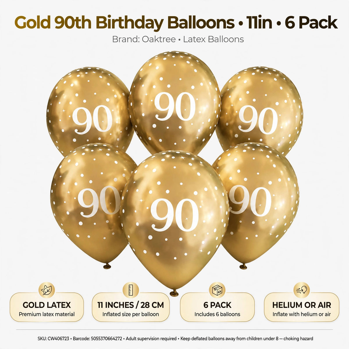 Features of gold latex 90th birthday balloons including size and quantity
