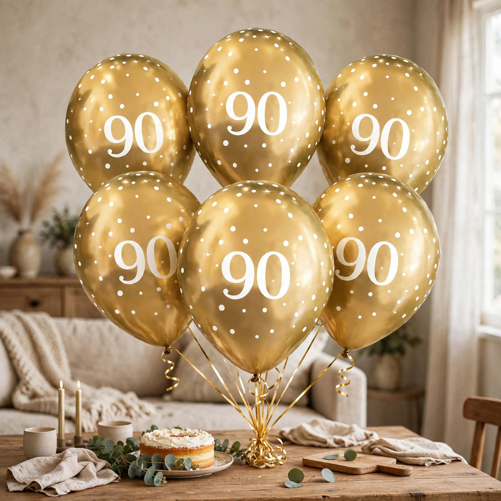 Gold 90th birthday balloons displayed at a birthday celebration