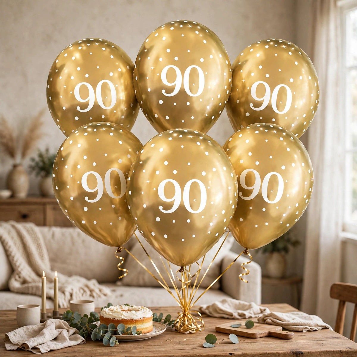 Gold 90th birthday balloons displayed at a birthday celebration