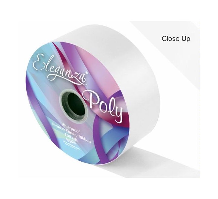 Roll of Eleganza Poly ribbon with colorful label on a white background