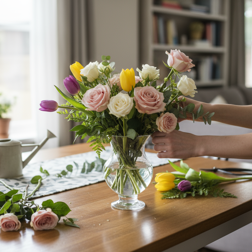 Person arranging flowers on a wooden table with a bookshelf in the background